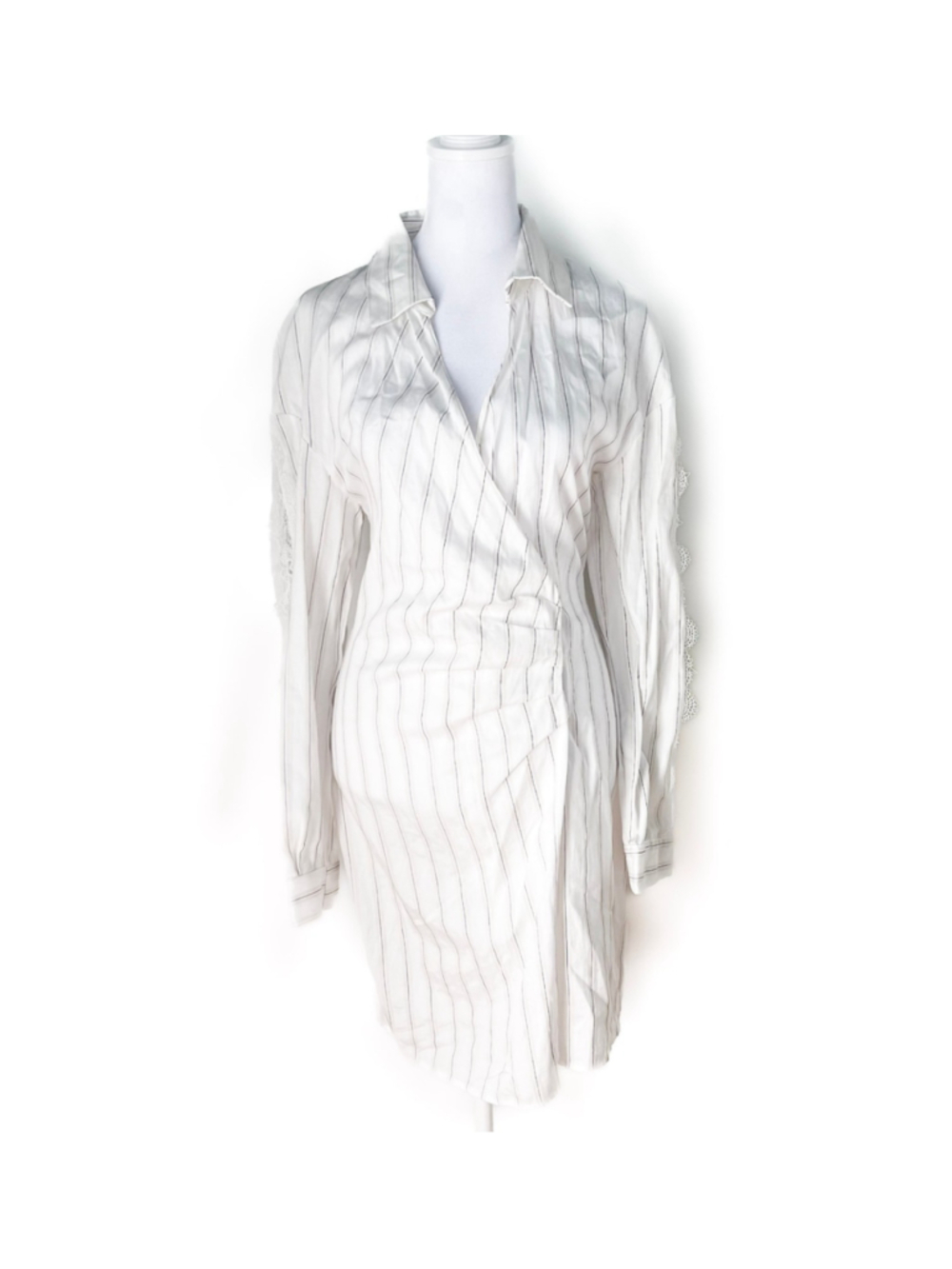 Patrizia Pepe White Pinstripe Linen Blend Wrap Shirt Dress Crochet Lace Sz 6 NWT